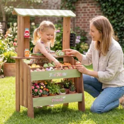 Kinder Kaufladen aus Holz Spielzeug Marktstand mit 6 Fächern & 2 Boxen für Kinder ab 3 Jahren
