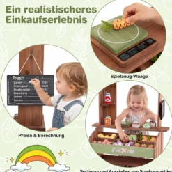 Kinder Kaufladen aus Holz Spielzeug Marktstand mit 6 Fächern & 2 Boxen für Kinder ab 3 Jahren