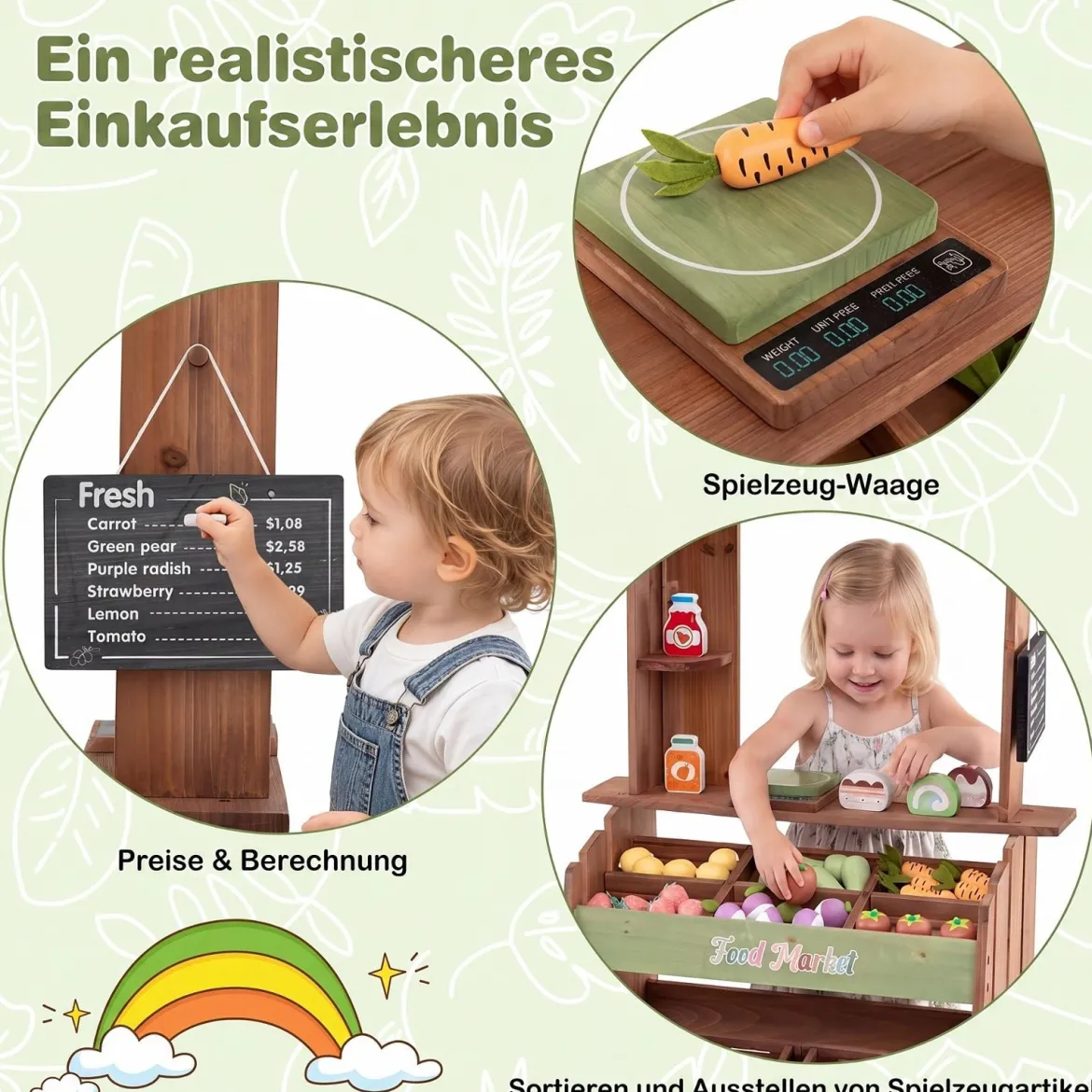 Kinder Kaufladen aus Holz Spielzeug Marktstand mit 6 Fächern & 2 Boxen für Kinder ab 3 Jahren