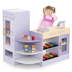 Kinder Kaufladen Kaufmannsladen aus Holz mit Seitentheke Lila 89 x 57 x 80 cm