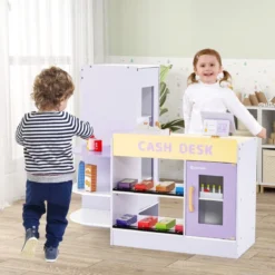 Kinder Kaufladen Kaufmannsladen aus Holz mit Seitentheke Lila 89 x 57 x 80 cm