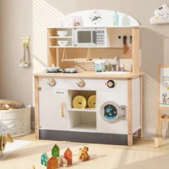 Kinderküche aus Holz inkl. 17 Zubehör mit Mikrowelle & Waschmaschine & Herde Weiß