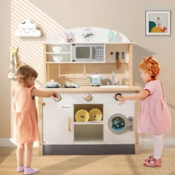 Kinderküche aus Holz inkl. 17 Zubehör mit Mikrowelle & Waschmaschine & Herde Weiß