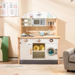 Kinderküche aus Holz inkl. 17 Zubehör mit Mikrowelle & Waschmaschine & Herde Weiß