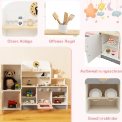 Kinderküche aus Holz mit Dustabzughaube & Kühlschrank & Wasserhahn & Küchenutensilien
