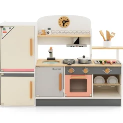 Kinderküche aus Holz mit Dustabzughaube & Kühlschrank & Wasserhahn & Küchenutensilien