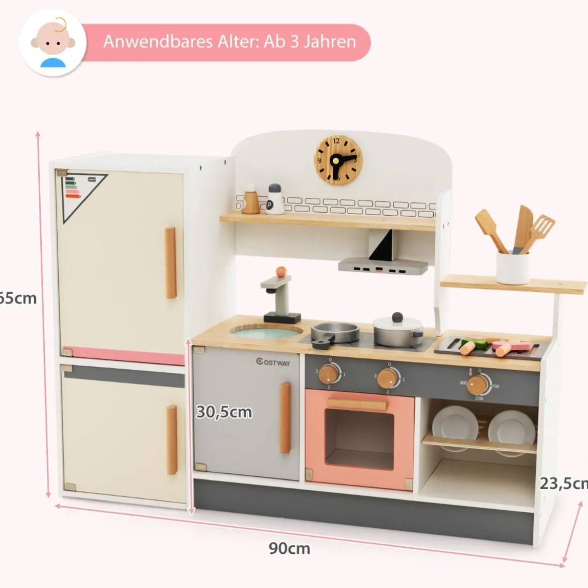 Kinderküche aus Holz mit Dustabzughaube & Kühlschrank & Wasserhahn & Küchenutensilien