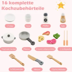 Kinderküche aus Holz mit Dustabzughaube & Kühlschrank & Wasserhahn & Küchenutensilien