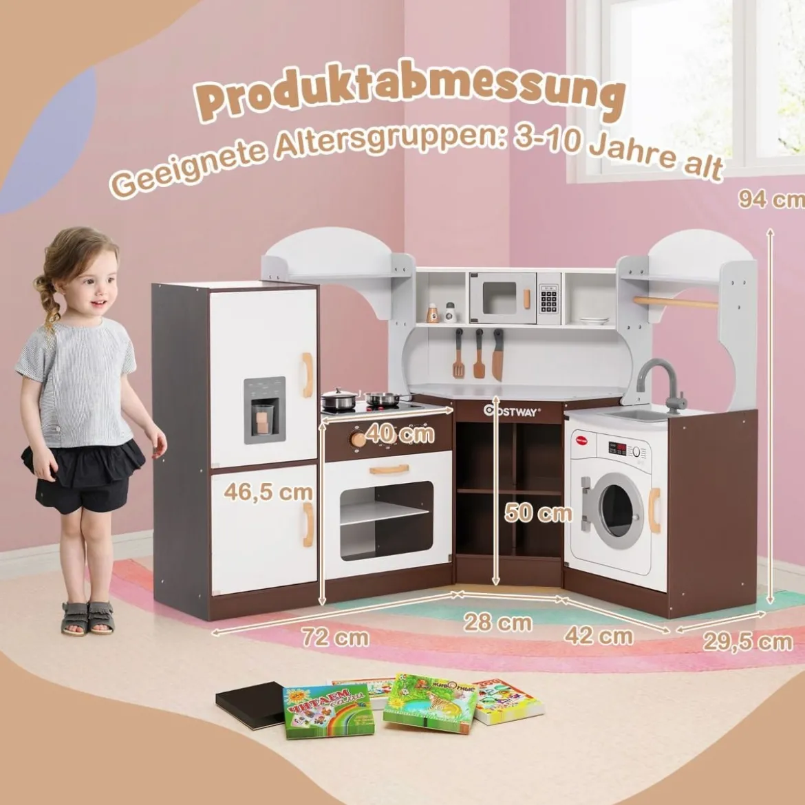 Kinderküche aus Holz mit Sound- & Lichteffekten & Eismaschine & Mikrowelle Eckspielküche Braun