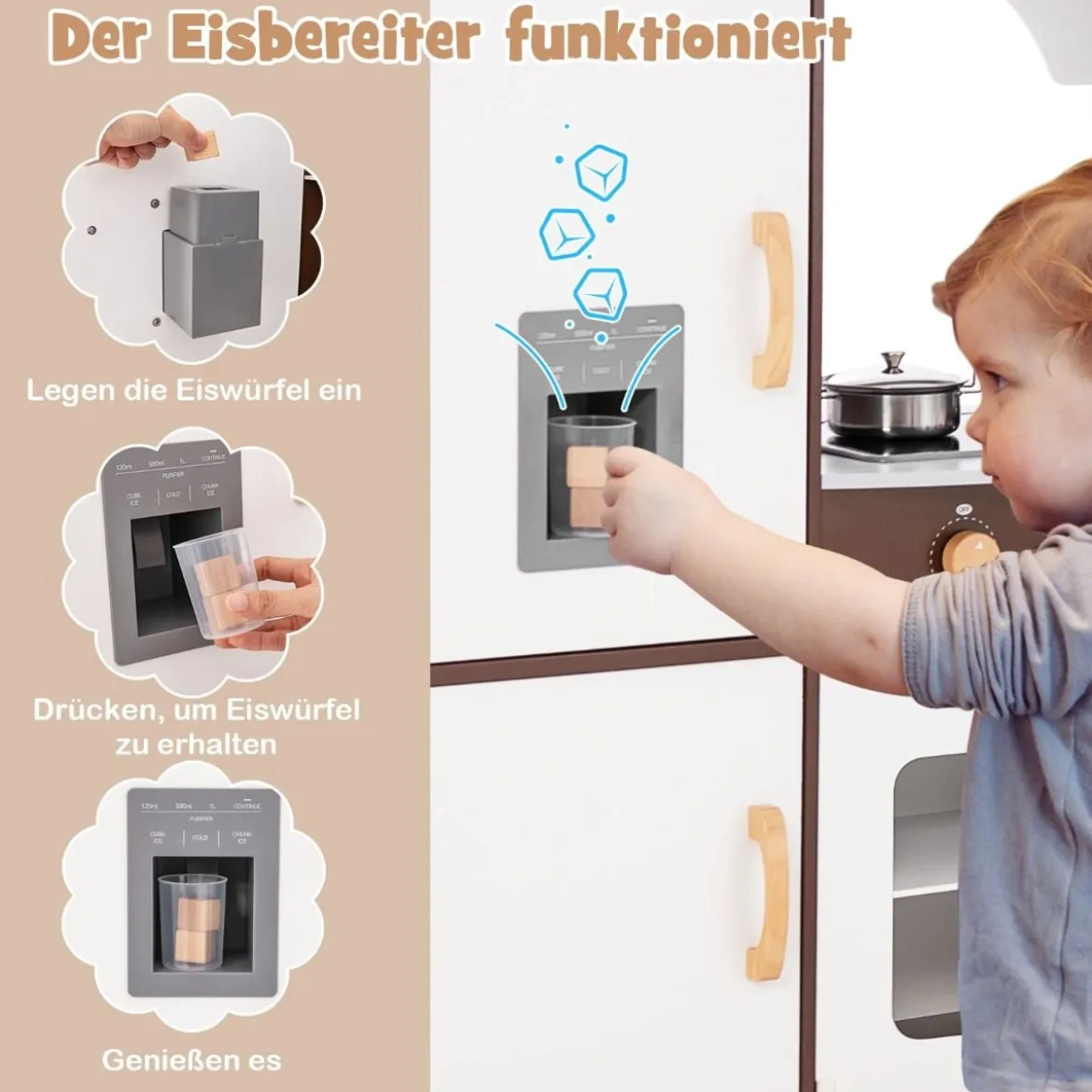 Kinderküche aus Holz mit Sound- & Lichteffekten & Eismaschine & Mikrowelle Eckspielküche Braun