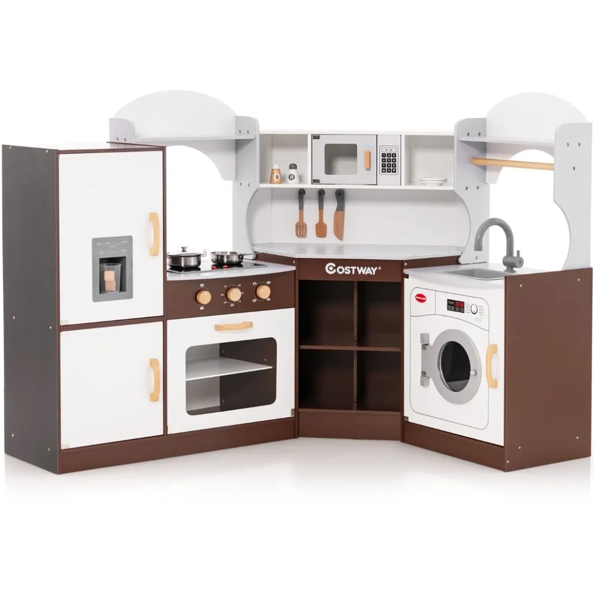 Kinderküche aus Holz mit Sound- & Lichteffekten & Eismaschine & Mikrowelle Eckspielküche Braun