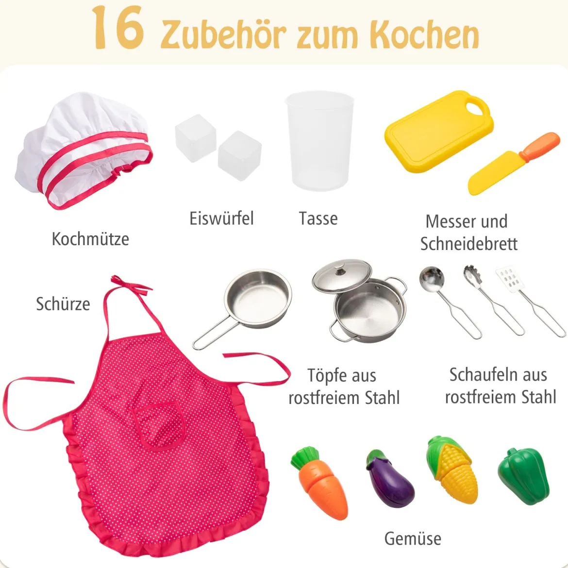 Kinderküche aus Holz mit 16 Spielzubehör für Kinder ab 3 J. 83 x 29 x 103 cm Weiß