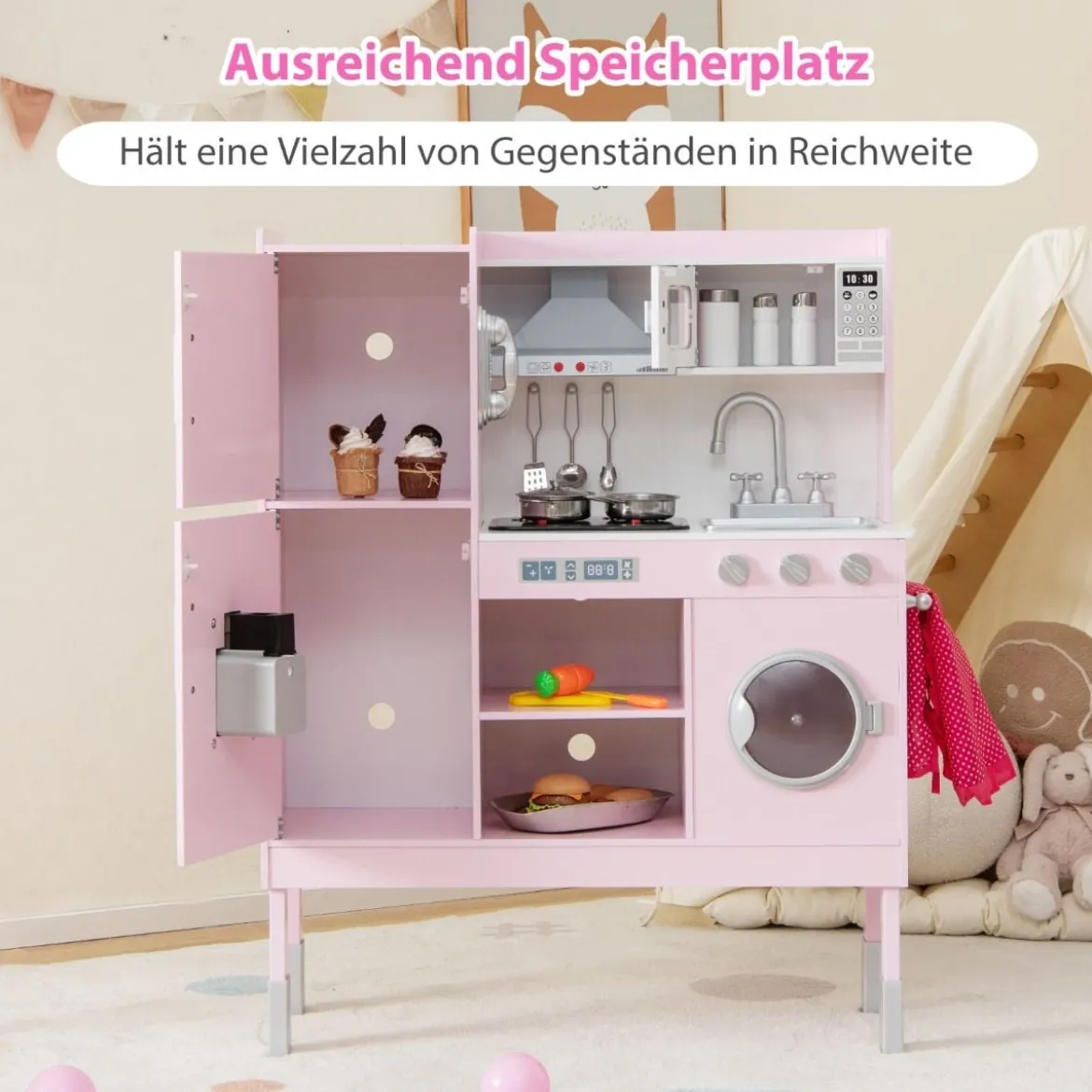 Kinderküche aus Holz mit 16 Spielzubehör für Kinder ab 3 J. 83 x 29 x 103 cm Rosa