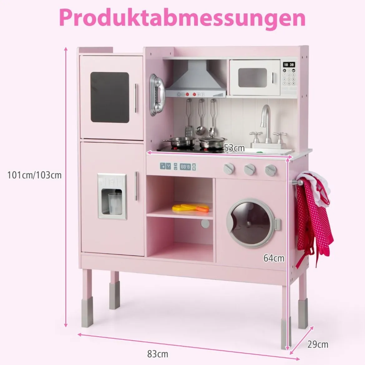Kinderküche aus Holz mit 16 Spielzubehör für Kinder ab 3 J. 83 x 29 x 103 cm Rosa