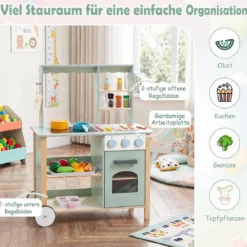 Kinderküche aus Holz Spielküche mit Schiebegriff Spielzeugherd und Rädern für Kinder ab 3 Jahren