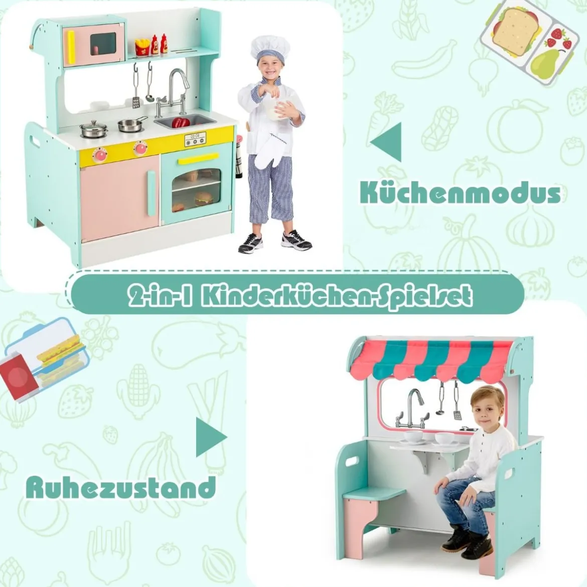 Kinderküche Doppelseitiges Kochspielzeug mit Wasserhahn Spüle Herd Ofen 71 x 53 x 91,5 cm