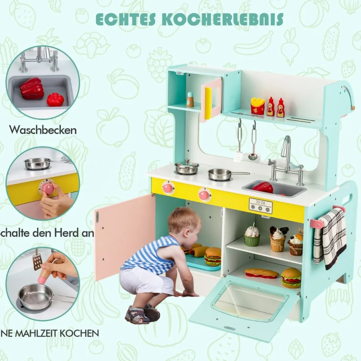 Kinderküche Doppelseitiges Kochspielzeug mit Wasserhahn Spüle Herd Ofen 71 x 53 x 91,5 cm