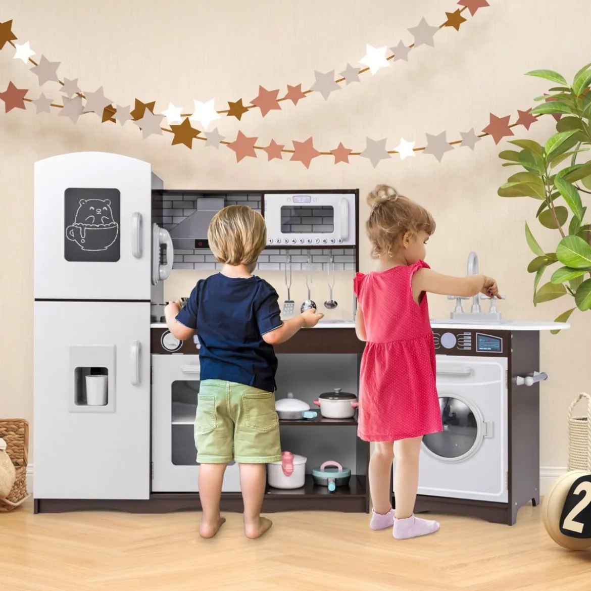 Kinderküche Holz Eck Spielküche mit Licht & Sound inkl. 7 Zubehör Dunkelbraun 121 x 29 x 83 cm