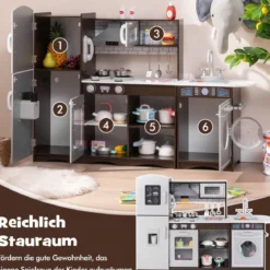 Kinderküche Holz Eck Spielküche mit Licht & Sound inkl. 7 Zubehör Dunkelbraun 121 x 29 x 83 cm