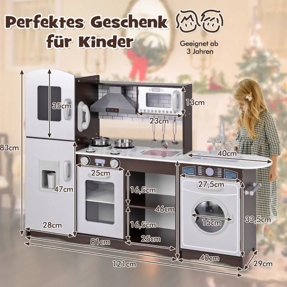 Kinderküche Holz Eck Spielküche mit Licht & Sound inkl. 7 Zubehör Dunkelbraun 121 x 29 x 83 cm