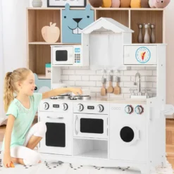 Kinderküche inkl. Spielzubehör Spielküche mit Waschmaschine & Mikrowelle 78 x 29 x 93 cm Weiß