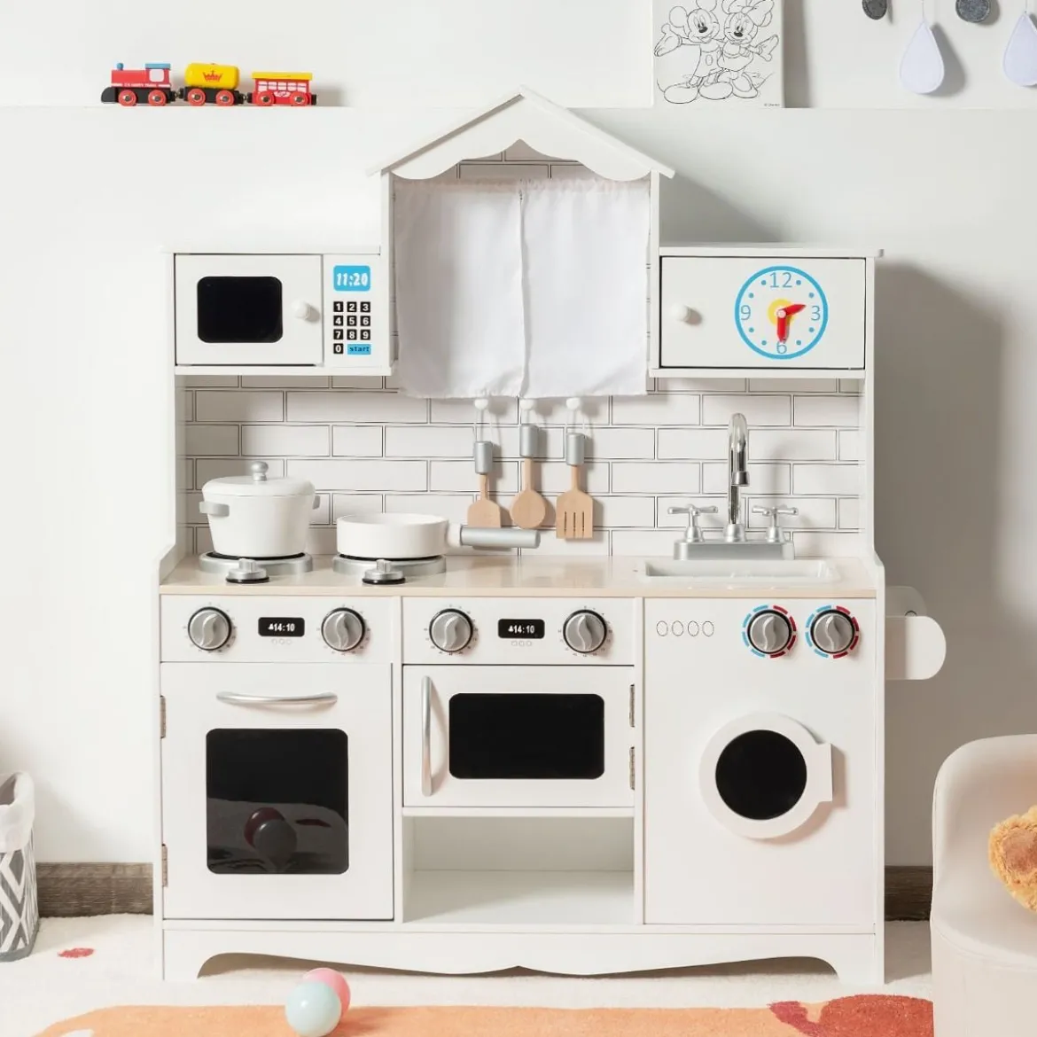Kinderküche inkl. Spielzubehör Spielküche mit Waschmaschine & Mikrowelle 78 x 29 x 93 cm Weiß