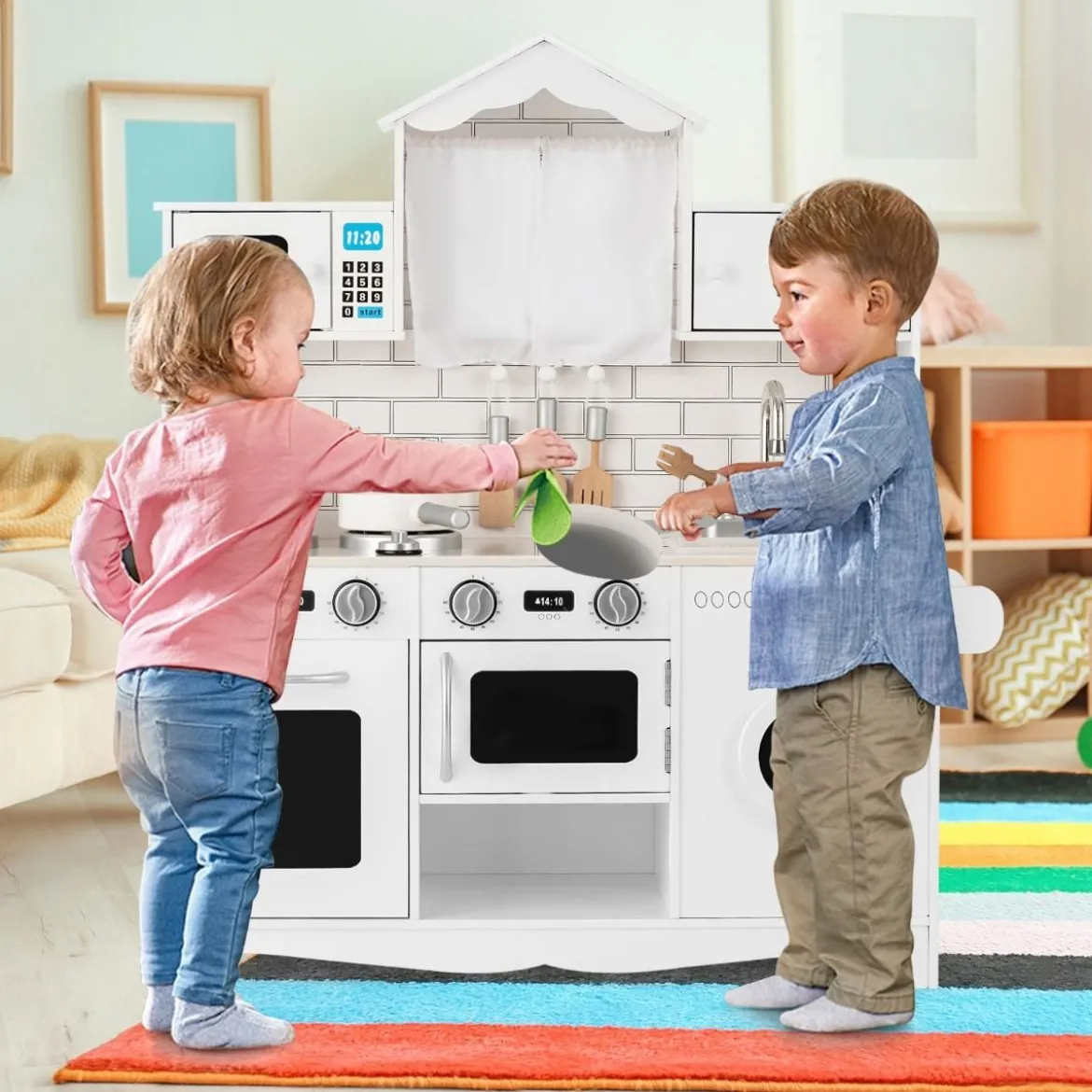 Kinderküche inkl. Spielzubehör Spielküche mit Waschmaschine & Mikrowelle 78 x 29 x 93 cm Weiß
