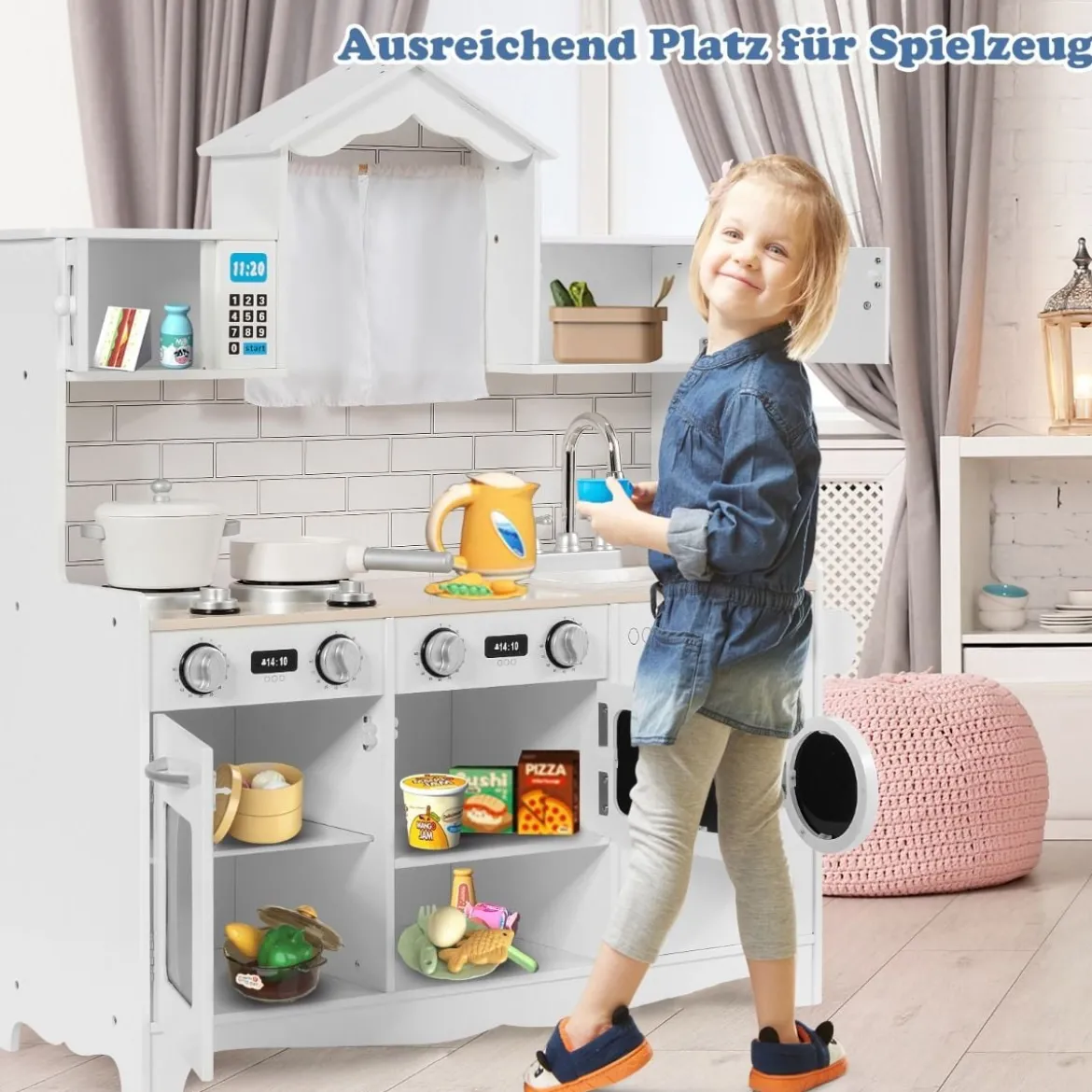 Kinderküche inkl. Spielzubehör Spielküche mit Waschmaschine & Mikrowelle 78 x 29 x 93 cm Weiß