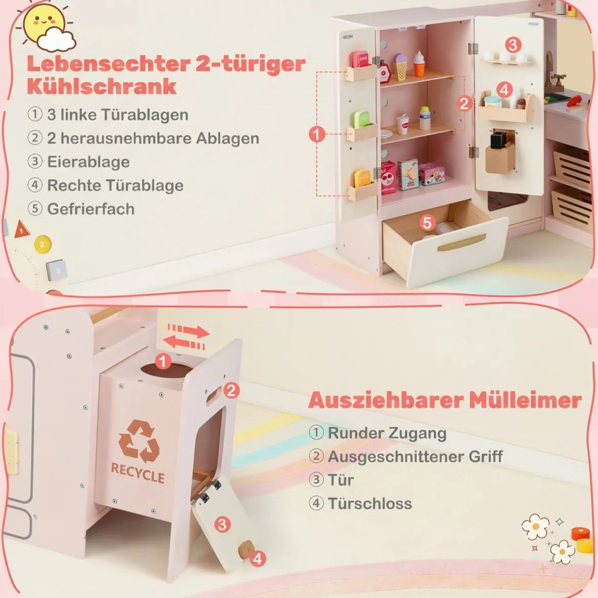Kinderküche inkl. 22 Zubehör Eck-Spielküche mit Licht & Sound Spielzeugküche Rosa