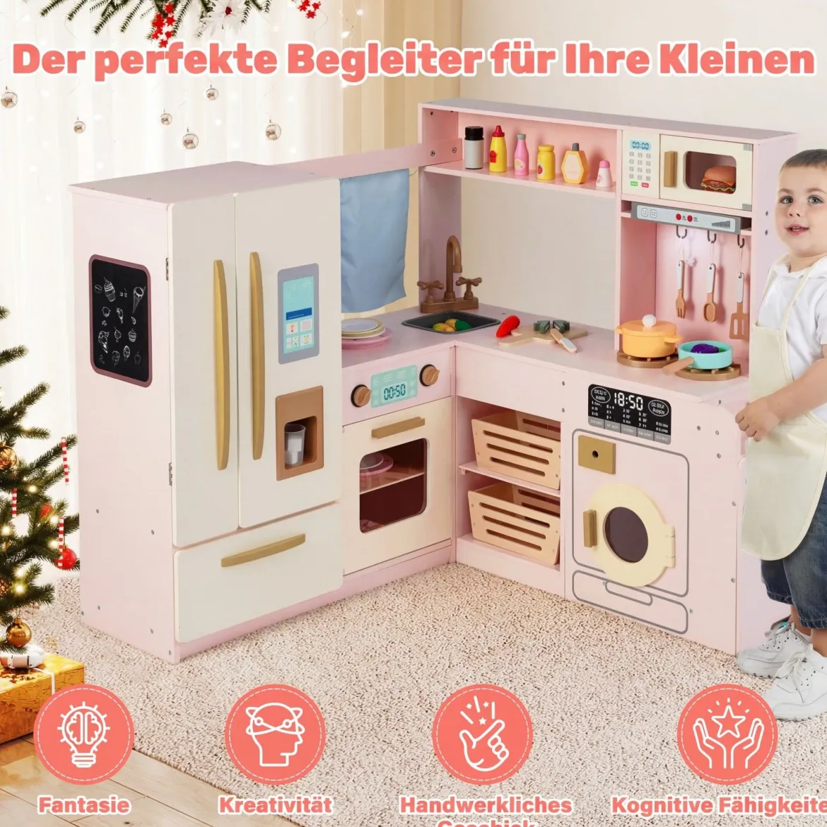 Kinderküche inkl. 22 Zubehör Eck-Spielküche mit Licht & Sound Spielzeugküche Rosa