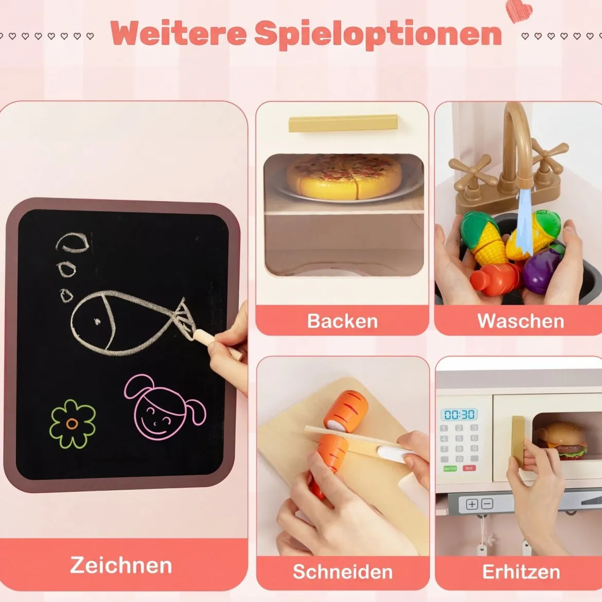 Kinderküche inkl. 22 Zubehör Eck-Spielküche mit Licht & Sound Spielzeugküche Rosa