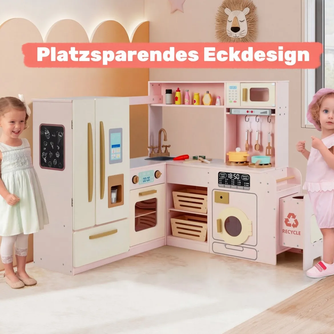 Kinderküche inkl. 22 Zubehör Eck-Spielküche mit Licht & Sound Spielzeugküche Rosa