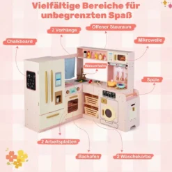 Kinderküche inkl. 22 Zubehör Eck-Spielküche mit Licht & Sound Spielzeugküche Rosa