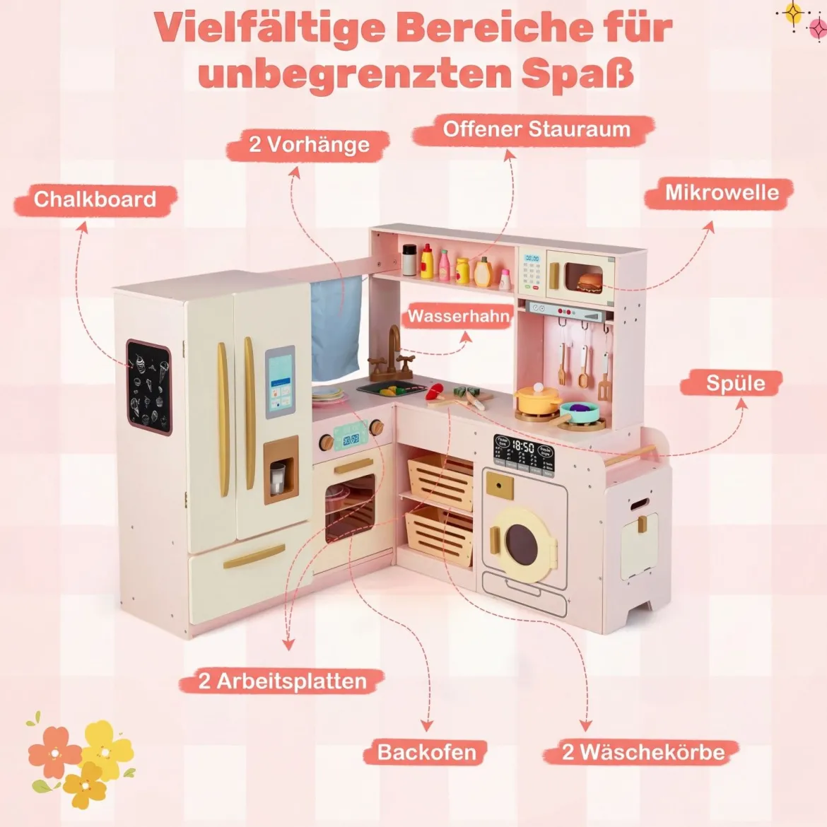 Kinderküche inkl. 22 Zubehör Eck-Spielküche mit Licht & Sound Spielzeugküche Rosa
