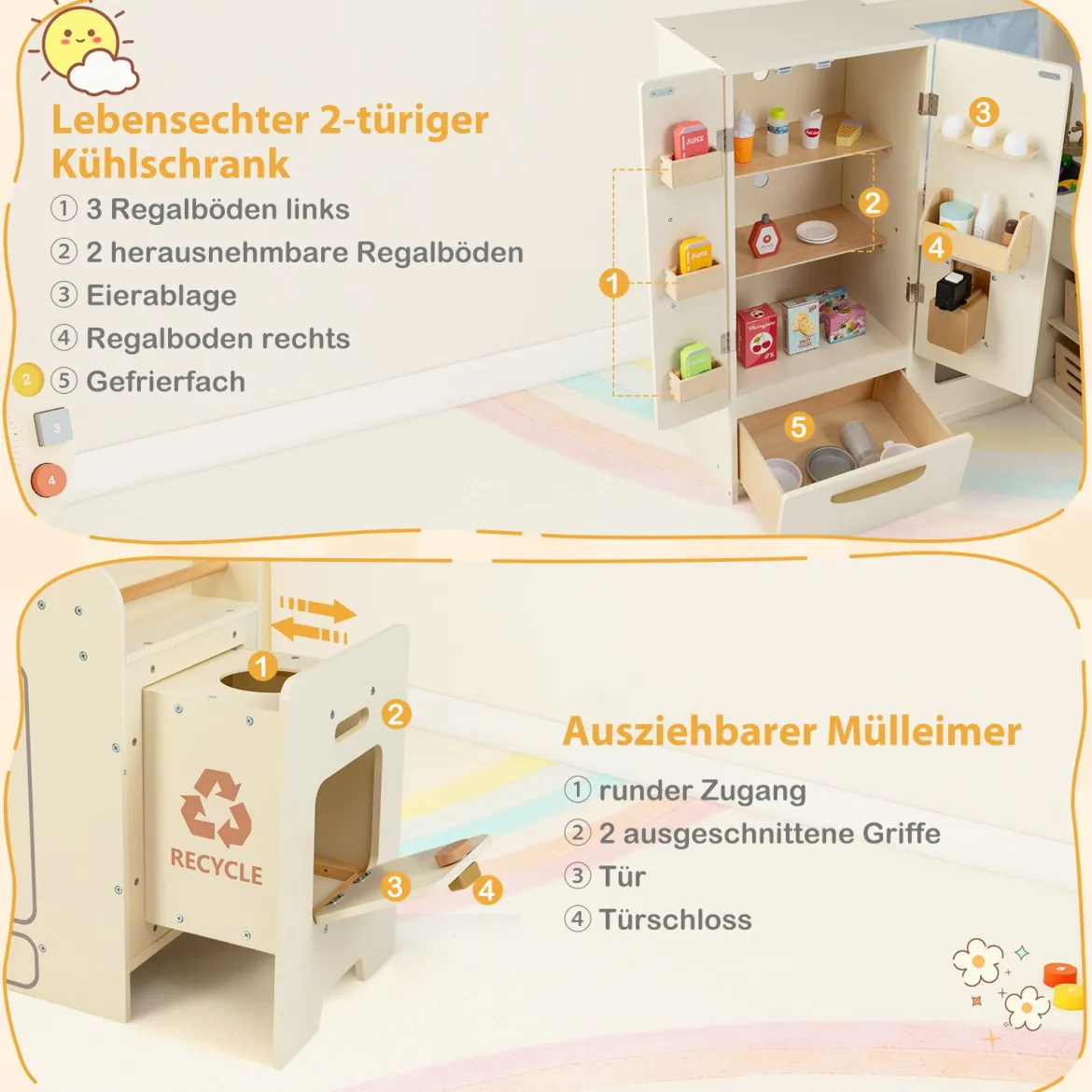Kinderküche inkl. 22 Zubehör Eck-Spielküche mit Licht & Sound Spielzeugküche Beige