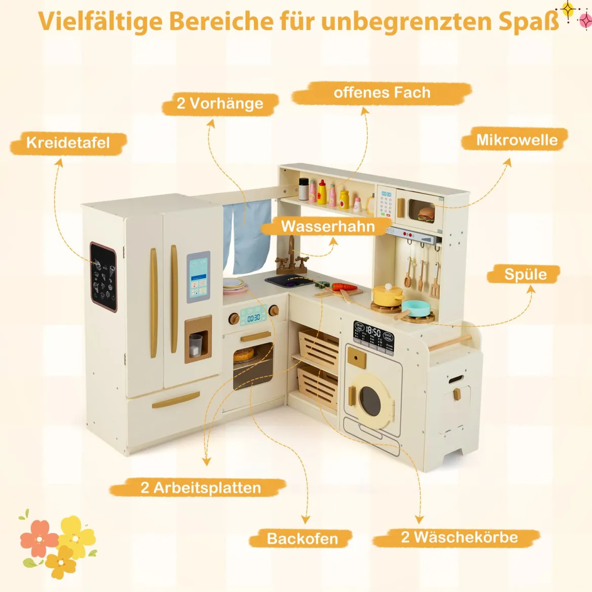 Kinderküche inkl. 22 Zubehör Eck-Spielküche mit Licht & Sound Spielzeugküche Beige