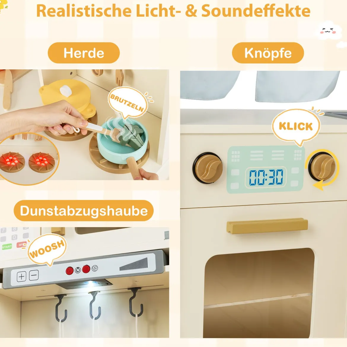 Kinderküche inkl. 22 Zubehör Eck-Spielküche mit Licht & Sound Spielzeugküche Beige