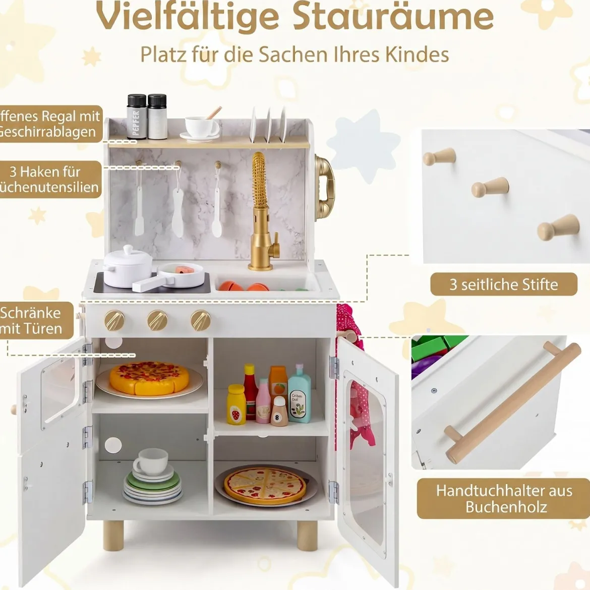 Kinderküche Interaktive Holz-spielküche mit Herd Wasserhahn Spüle & Telefon für Kinder ab 3 Jahren