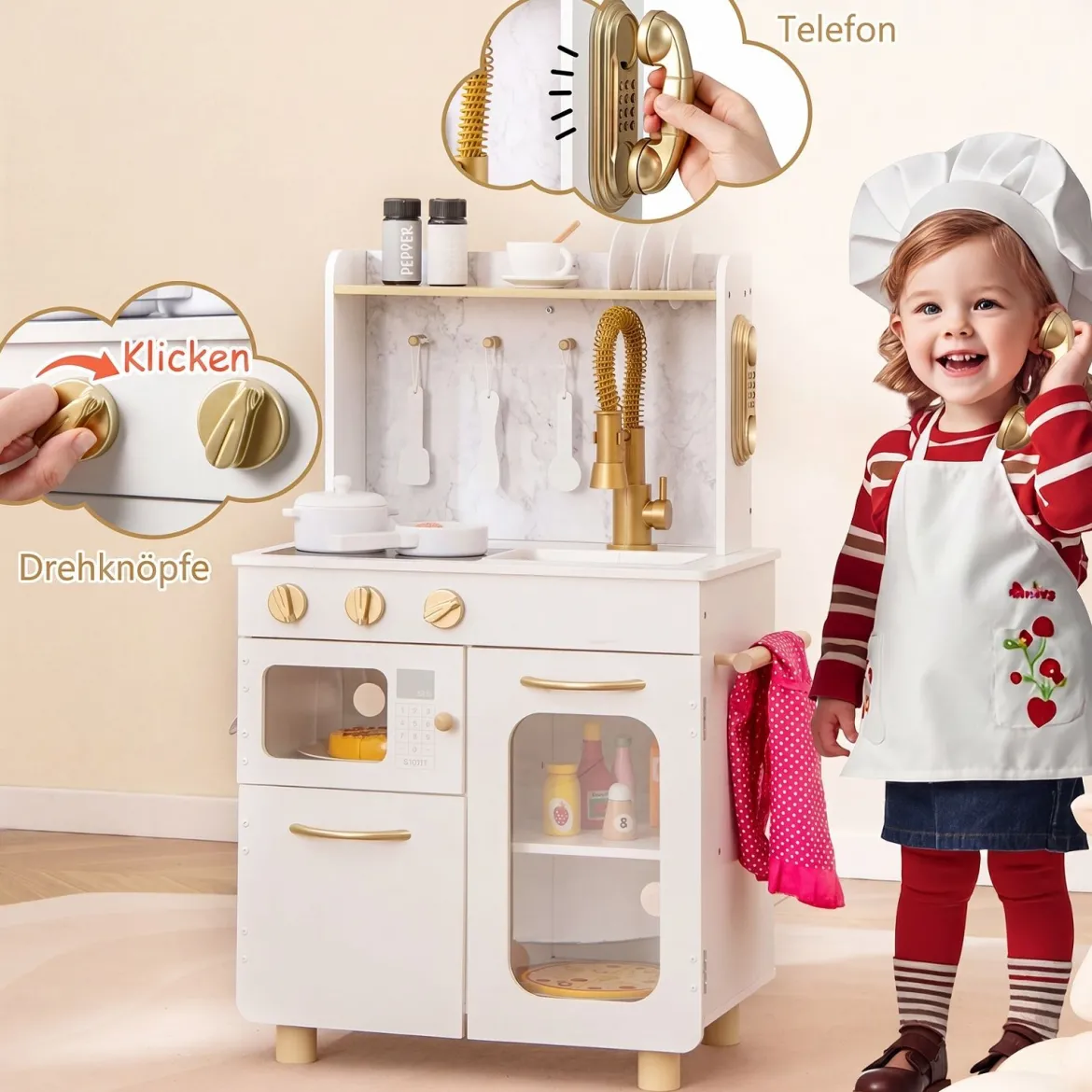 Kinderküche Interaktive Holz-spielküche mit Herd Wasserhahn Spüle & Telefon für Kinder ab 3 Jahren