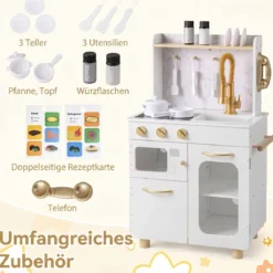 Kinderküche Interaktive Holz-spielküche mit Herd Wasserhahn Spüle & Telefon für Kinder ab 3 Jahren