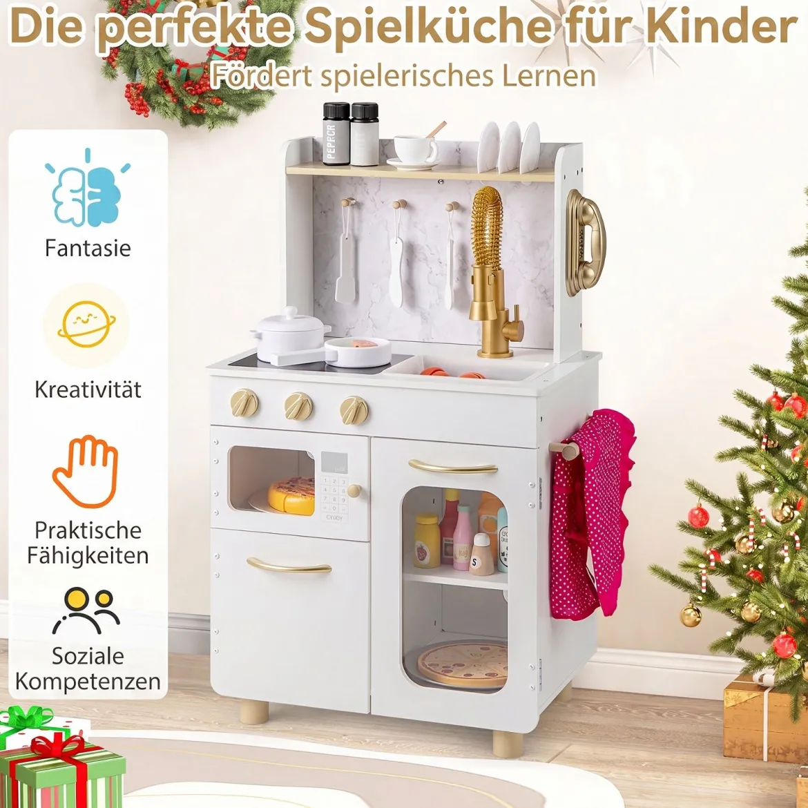 Kinderküche Interaktive Holz-spielküche mit Herd Wasserhahn Spüle & Telefon für Kinder ab 3 Jahren