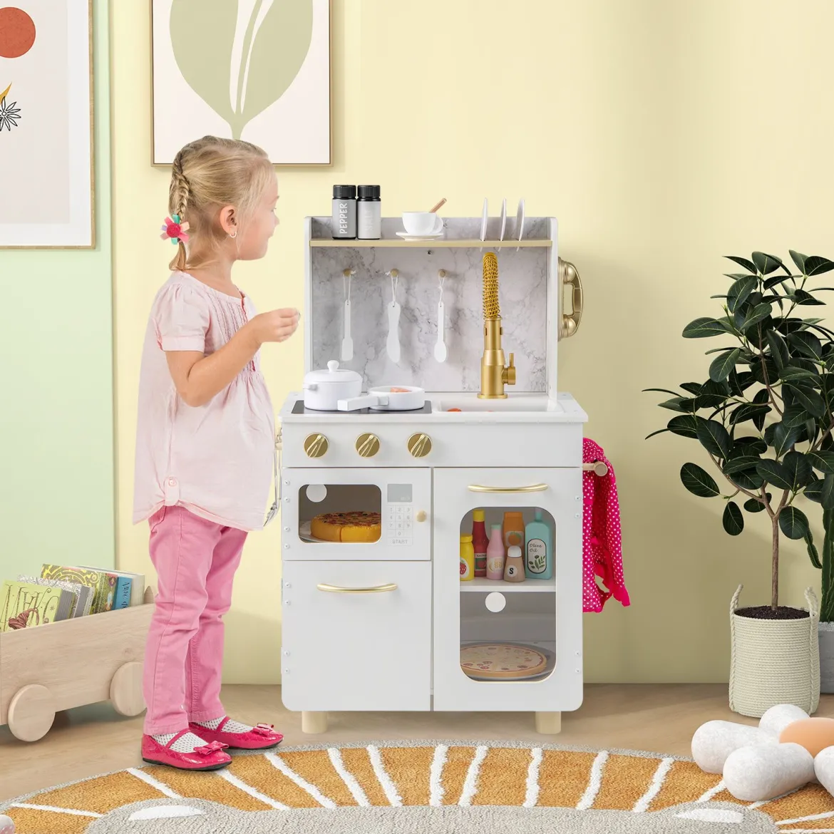 Kinderküche Interaktive Holz-spielküche mit Herd Wasserhahn Spüle & Telefon für Kinder ab 3 Jahren