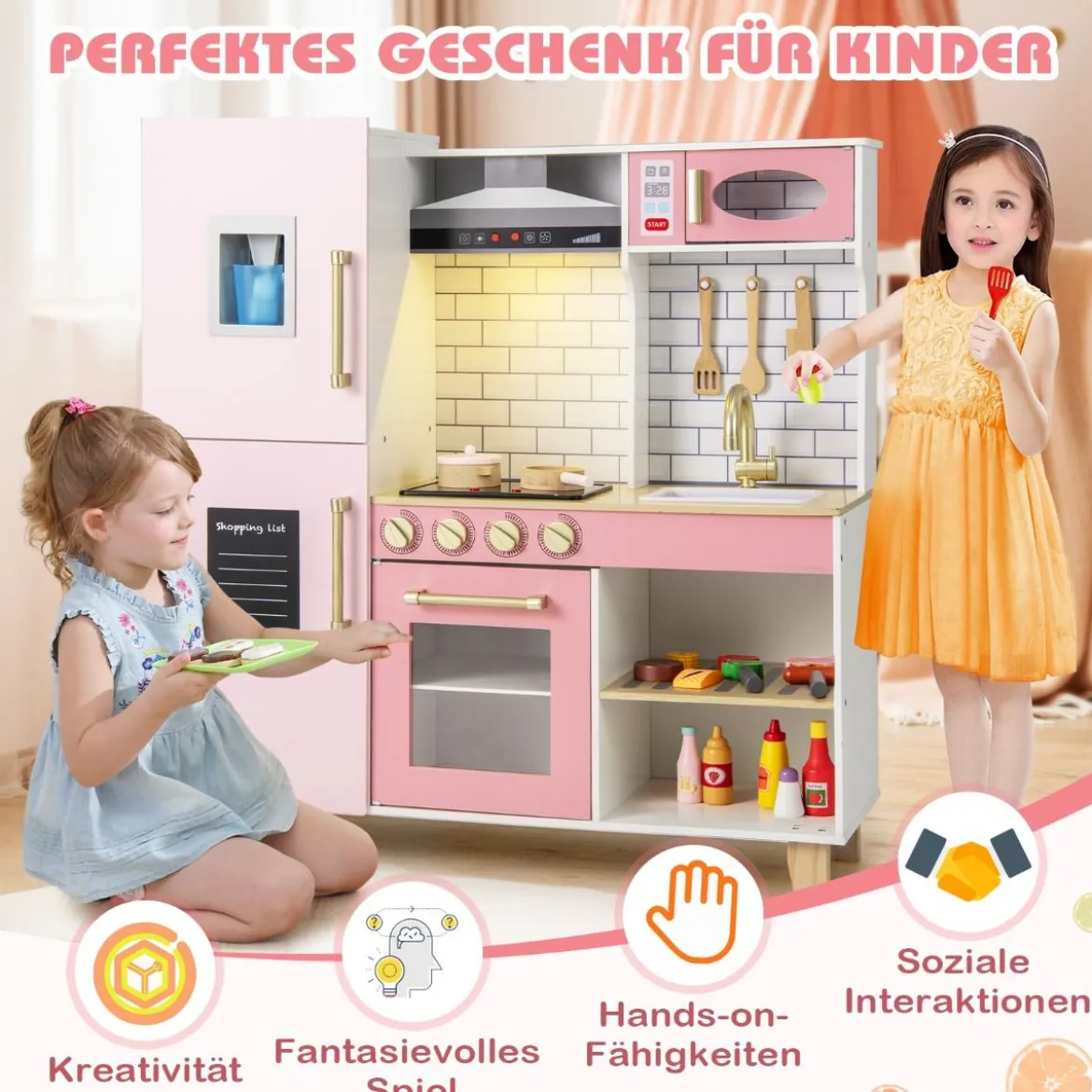 Kinderküche mit Eismaschine & Dunstabzugshaube & Tafel Spielküche Holzküche Rosa