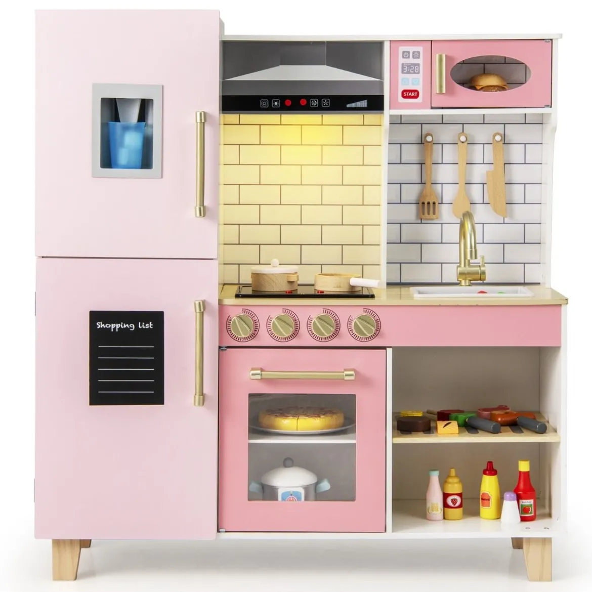 Kinderküche mit Eismaschine & Dunstabzugshaube & Tafel Spielküche Holzküche Rosa