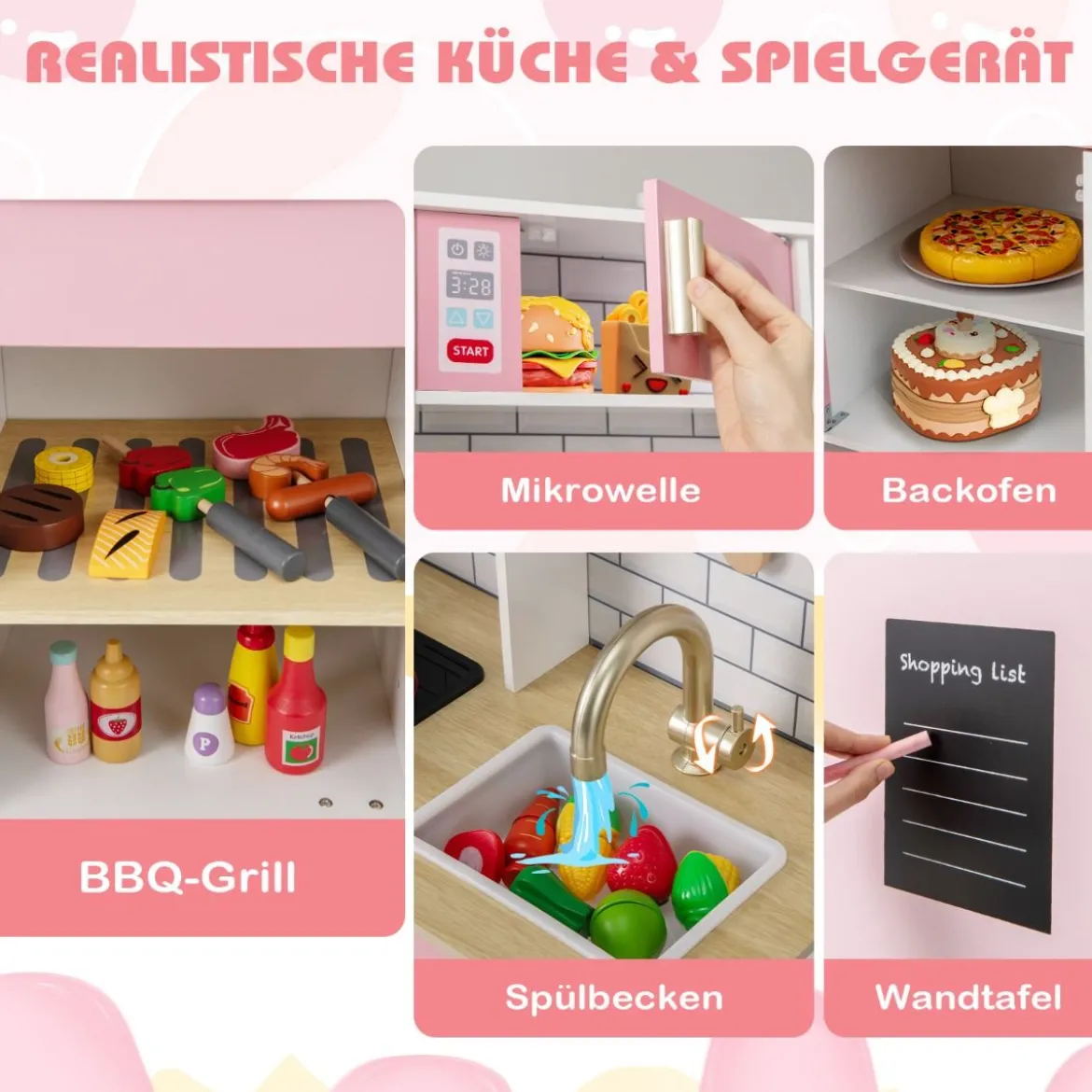 Kinderküche mit Eismaschine & Dunstabzugshaube & Tafel Spielküche Holzküche Rosa