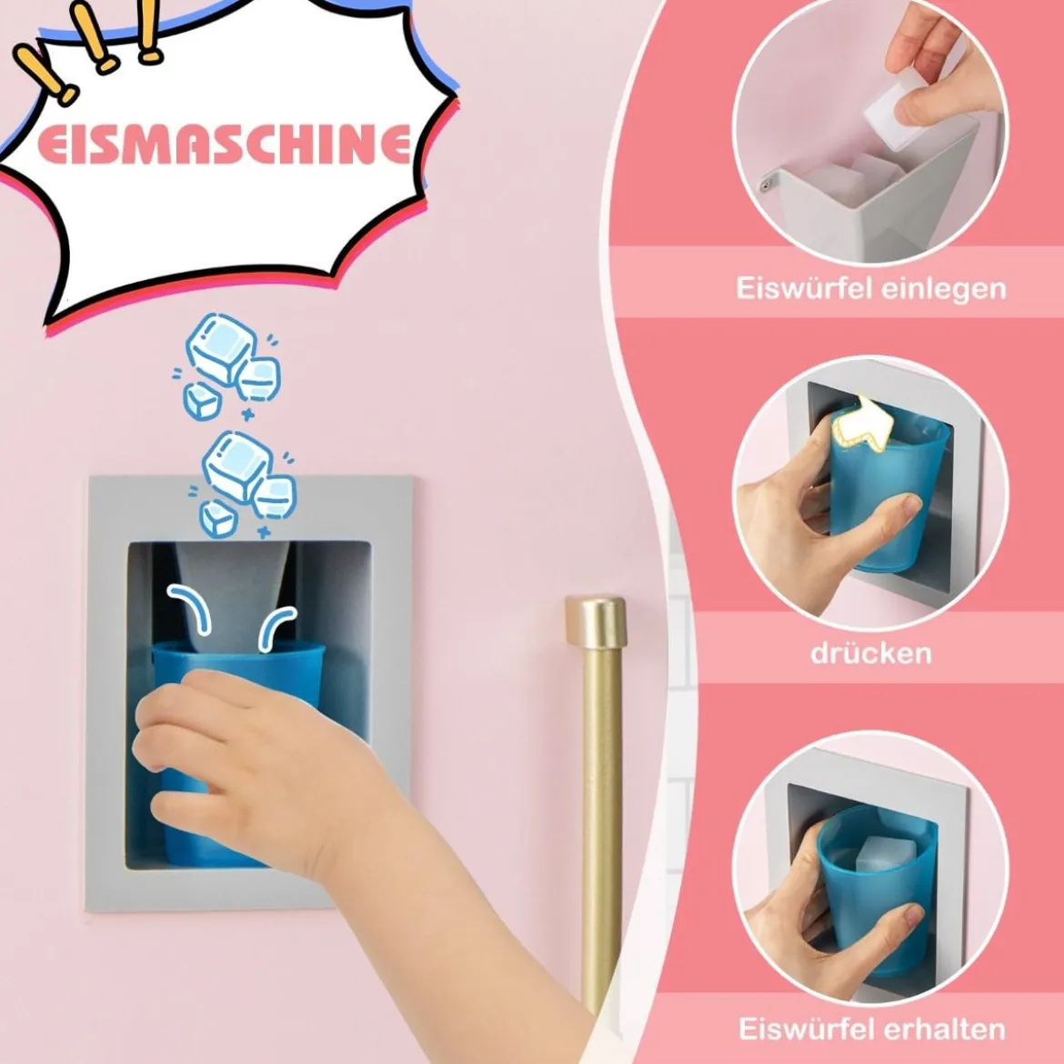 Kinderküche mit Eismaschine & Dunstabzugshaube & Tafel Spielküche Holzküche Rosa