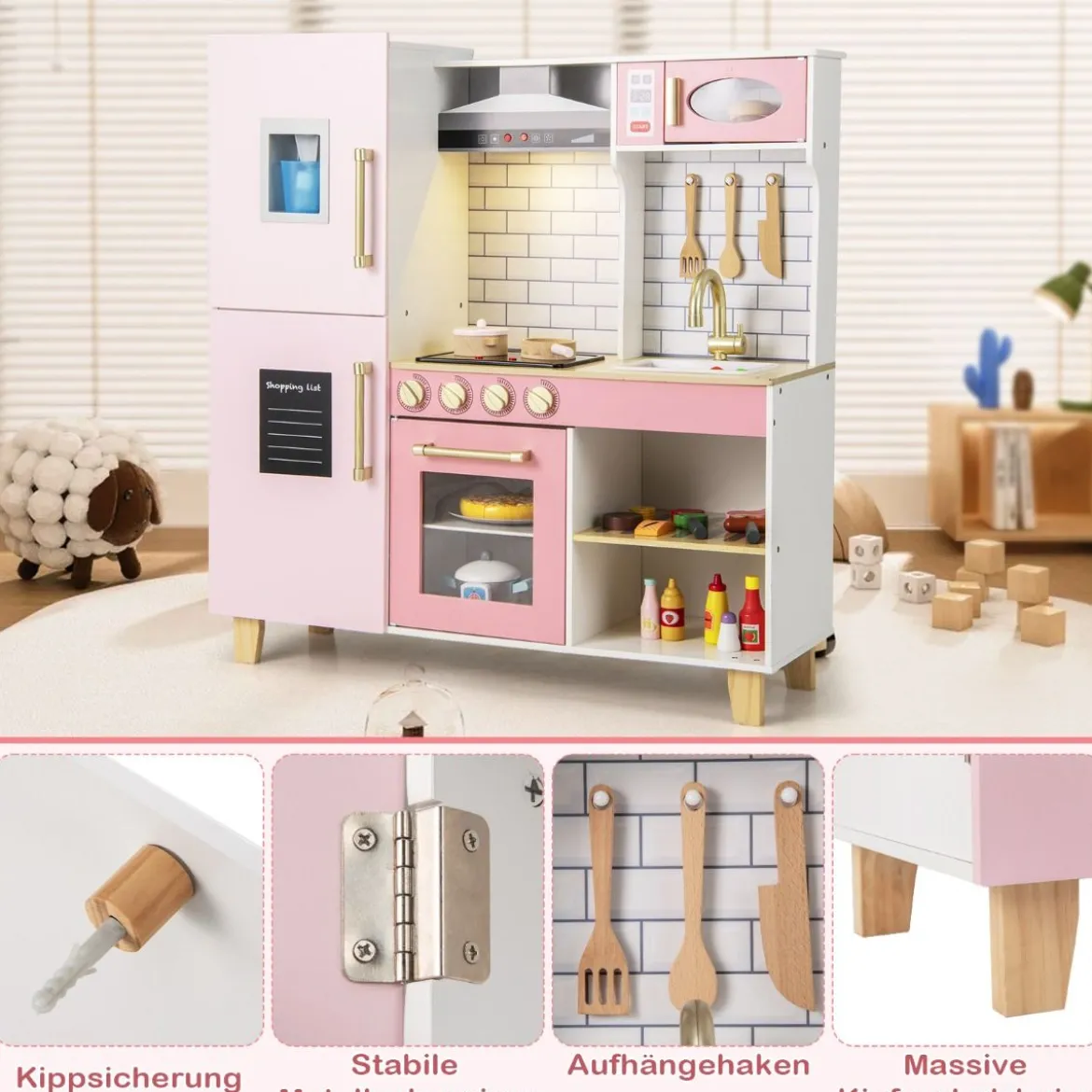 Kinderküche mit Eismaschine & Dunstabzugshaube & Tafel Spielküche Holzküche Rosa