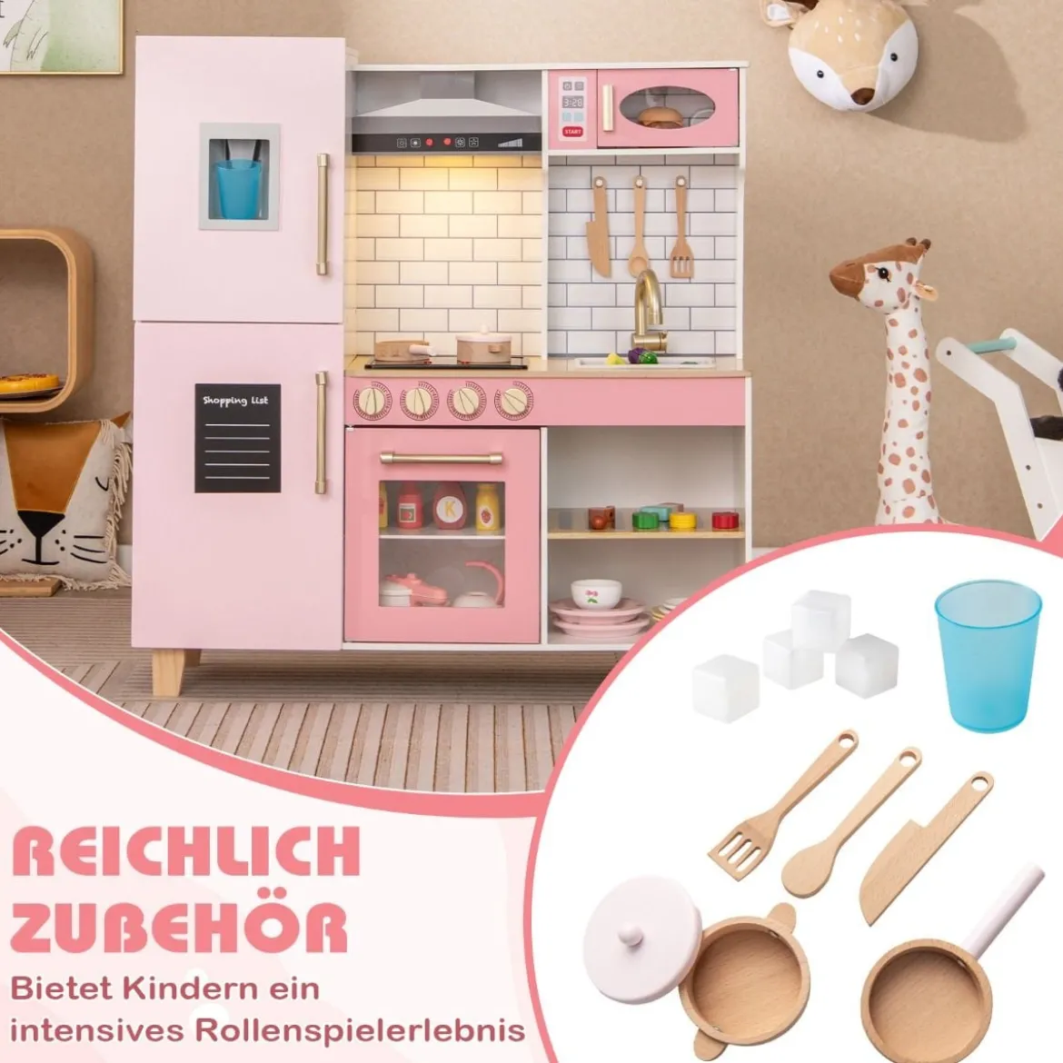Kinderküche mit Eismaschine & Dunstabzugshaube & Tafel Spielküche Holzküche Rosa