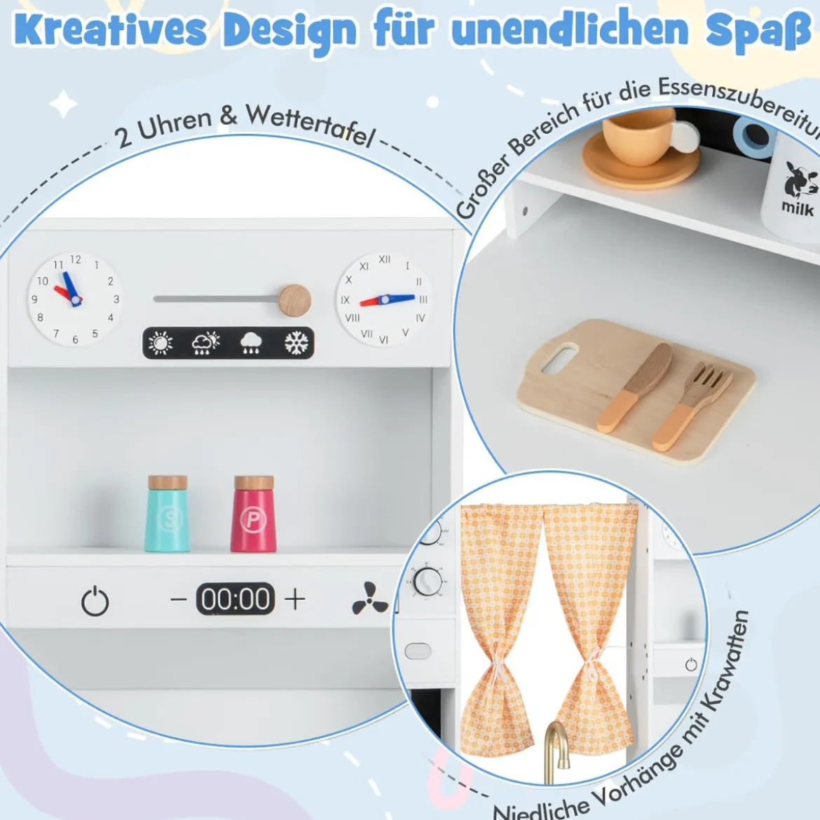 Kinderküche mit Kochzubehör Spielküche aus Holz mit Mikrowelle 102 x 35 x 110 cm