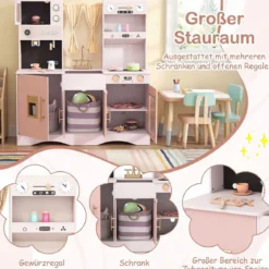 Kinderküche mit Kochzubehör Spielküche Holz mit Mikrowelle 92 x 35 x 90 cm für Kinder ab 3 Jahren Rosa